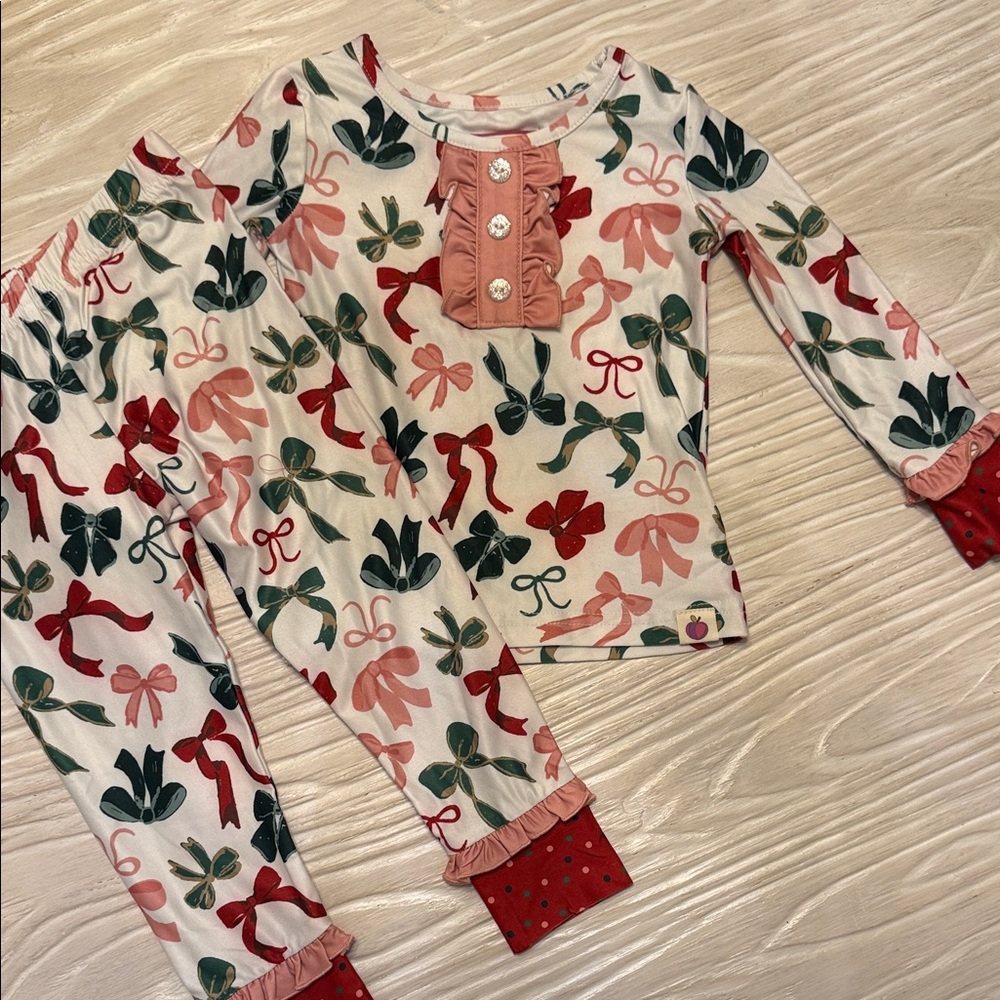 Cheeky Plum Girls Pajamas with Bow Print - Pink and Green Size 18-24 Months